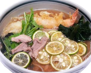国産鴨と旬のすだちたっぷりのえび天うどん・そば