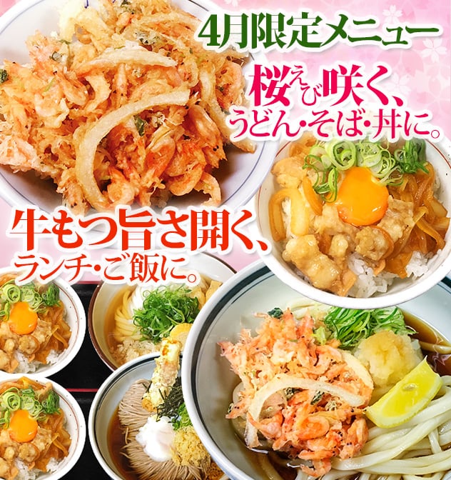 4月限定メニュー 桜(えび)咲く、うどん・そば・丼に。牛もつ旨さ開く、ランチ・丼に。