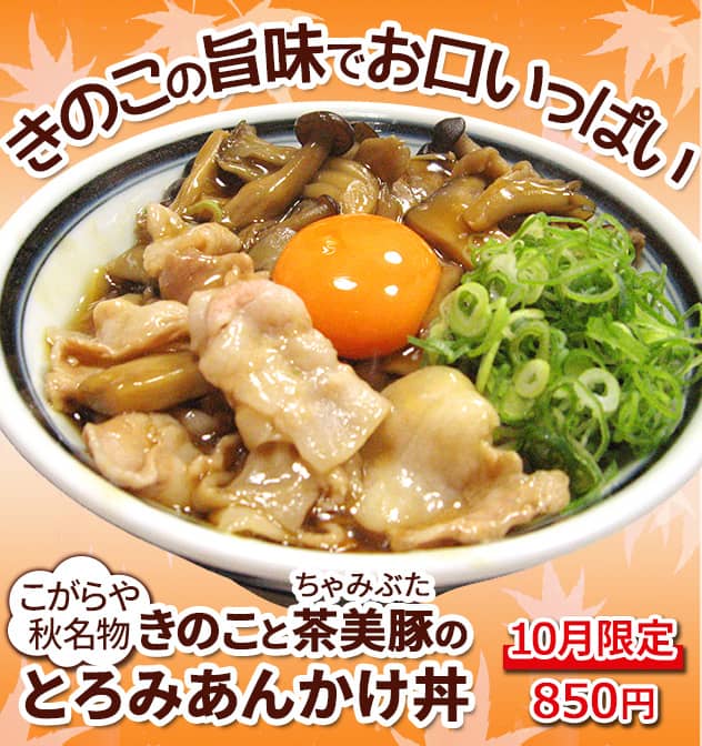 きのこの旨味でお口いっぱい。こがらや秋名物、きのこと茶美豚(ちゃみぶた)のとろみあんかけ丼。10月限定850円。